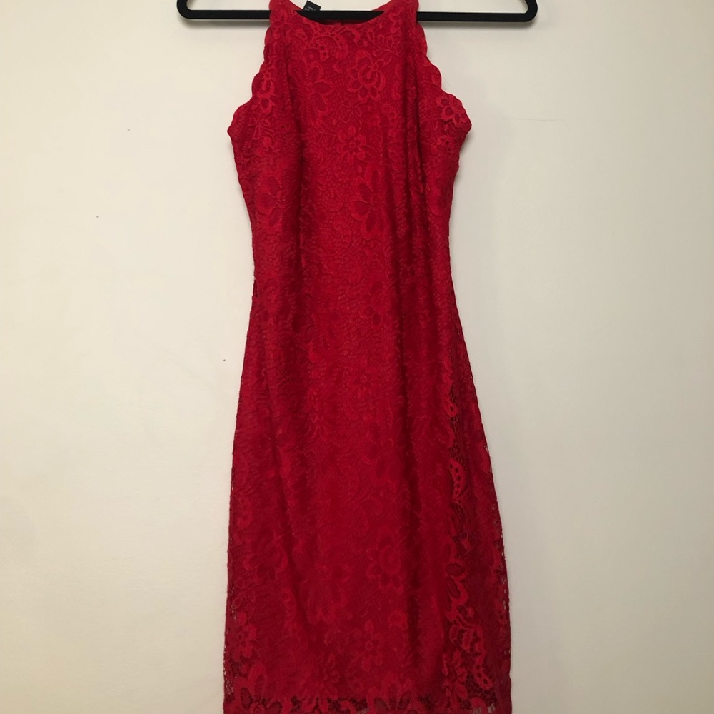Red Sequin & Lace Scallop Halter Dress